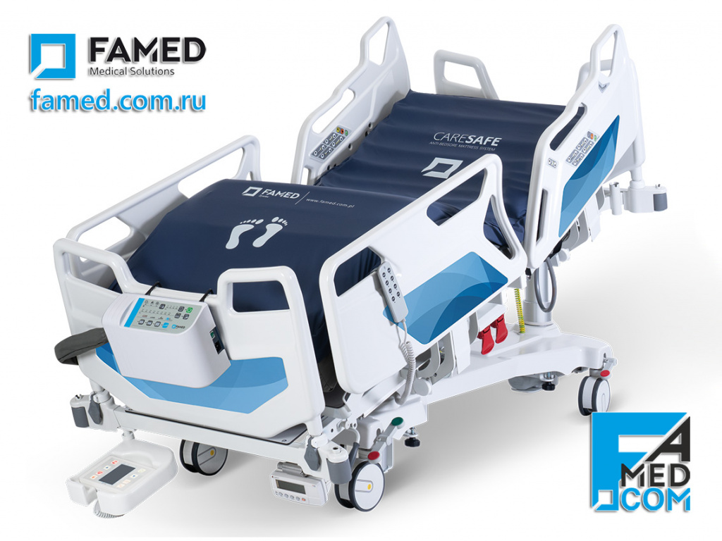 Функциональная ICU кровать FAMED для ОРИТ с весами, памятью положений и латеральными наклонами.