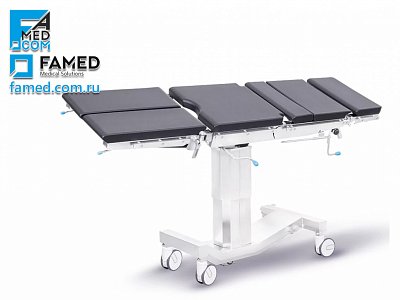 операционный стол FAMED SU-02, ложе 5-секционное с разделенной ножной секцией, Н-основание, в положении латерального наклона
